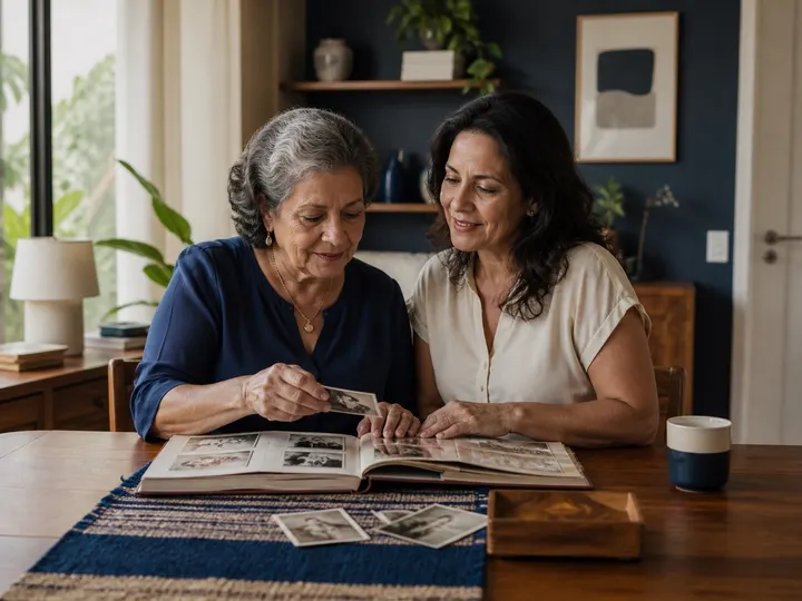 Idosa e filha observam juntas um álbum de fotografias