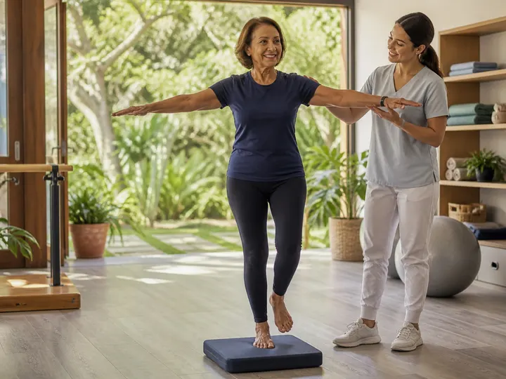 Idosa pratica exercício de equilíbrio acompanhada por fisioterapeuta